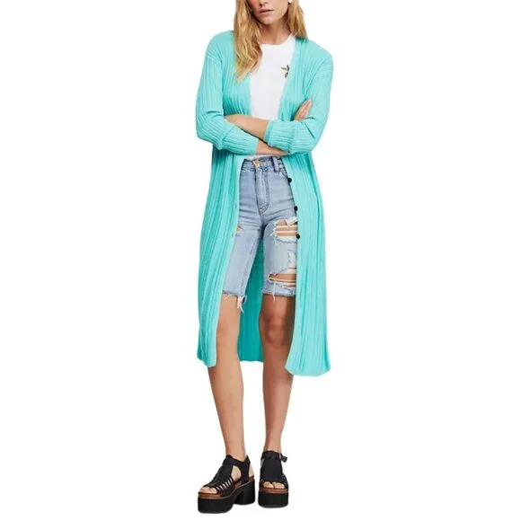Free People Skinny Mini Duster Cardigan Oversized XS to M Aqua Blue - Picture 2 of 8